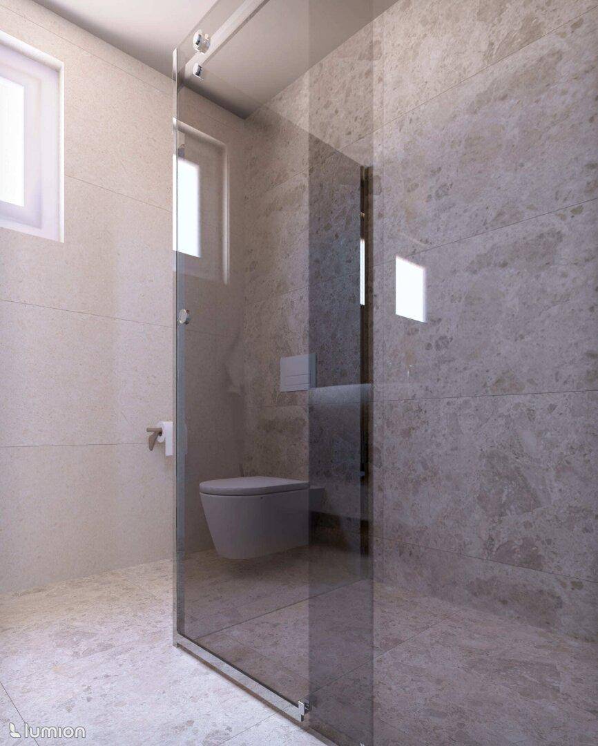 Helles modernes Badezimmer mit begehbarer Dusche, wandhängendem WC und Fenster für Tageslicht.