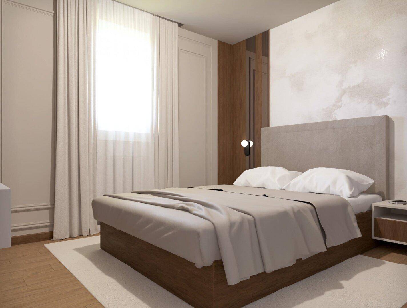 Modernes Schlafzimmer mit großem Bett, Holzboden und viel natürlichem Licht durch das Fenster.