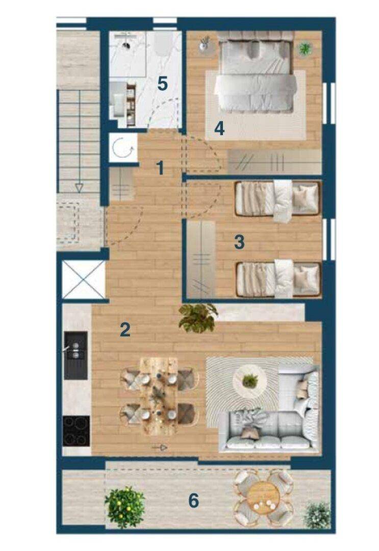 Detaillierter Grundriss einer Wohnung mit offenem Wohnbereich, drei Schlafzimmern und Balkon.