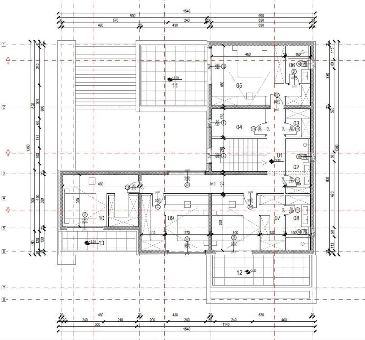 Detaillierter Grundriss des Obergeschosses mit Bemaßungen und Raumaufteilung.