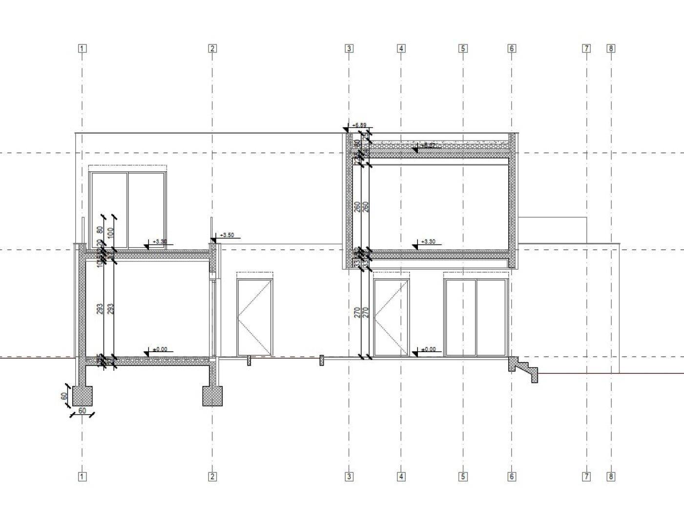 Architektonischer Schnitt durch das Gebäude mit Ansicht der Innenräume und Fenster.