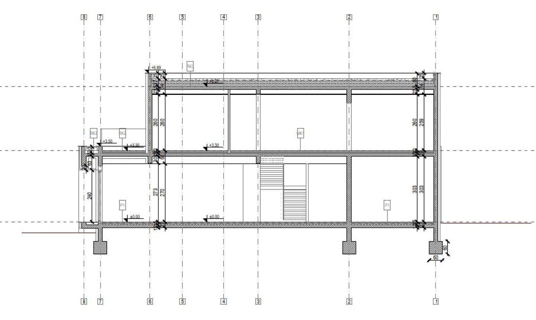 Architektonischer Längsschnitt durch das Gebäude mit Treppenhaus und Geschosshöhen.