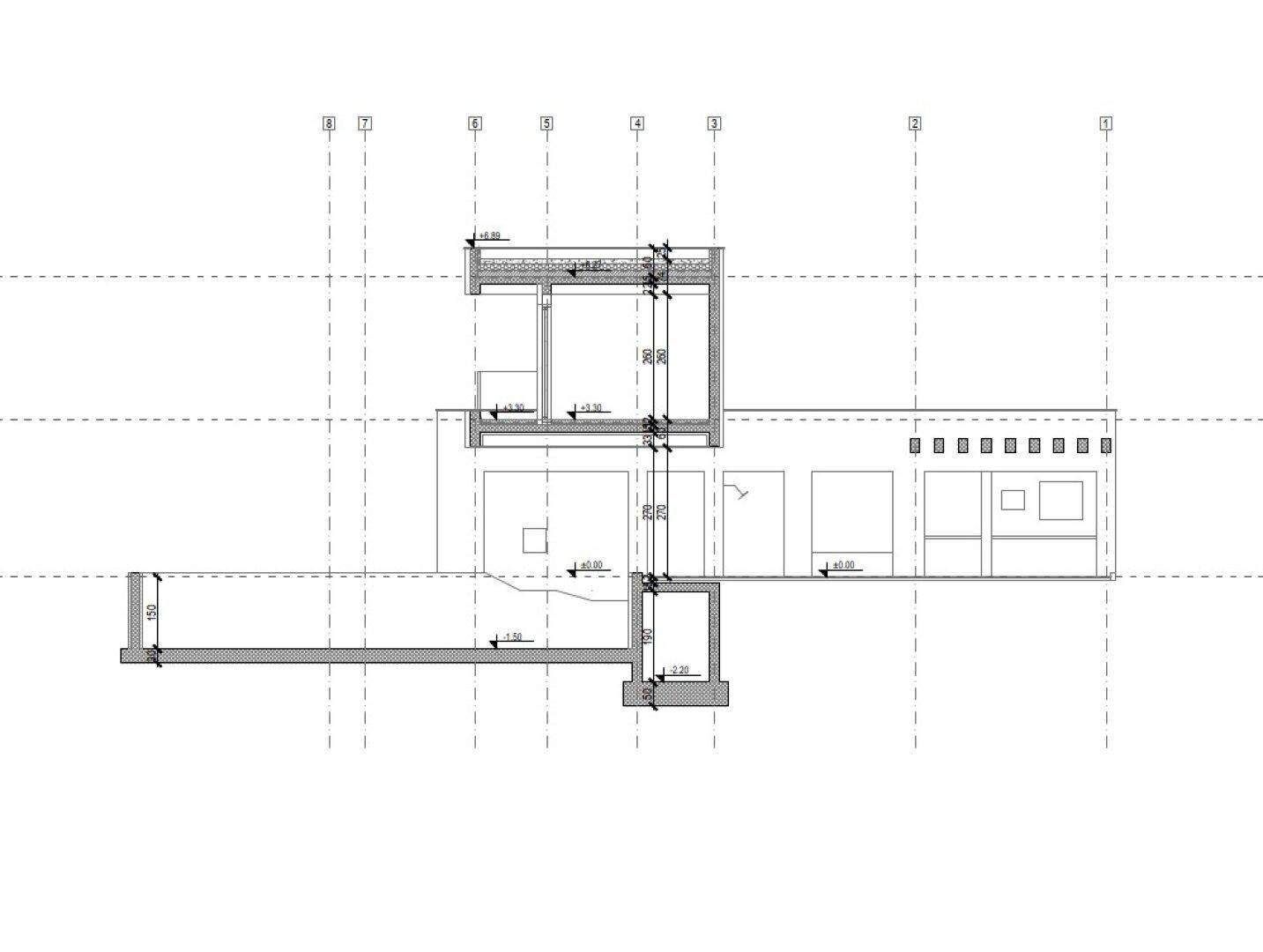 Architektonischer Schnitt durch das Gebäude zeigt die Höhenstruktur und Geschosse.