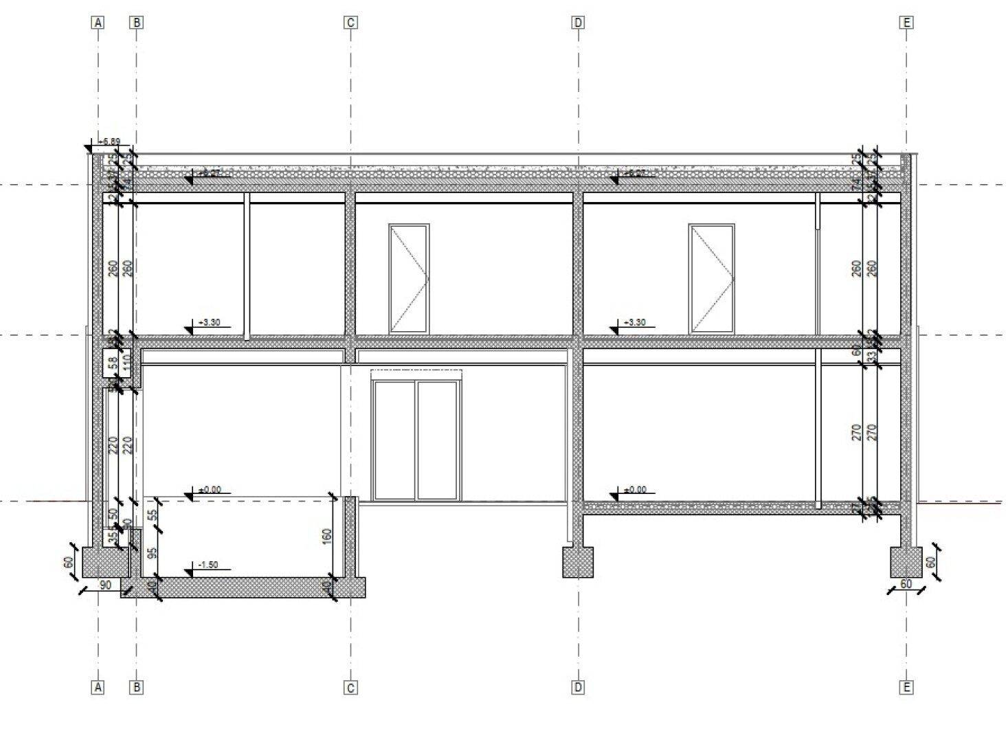 Architektonischer Schnitt durch das Gebäude mit detaillierter Darstellung der Geschosse.