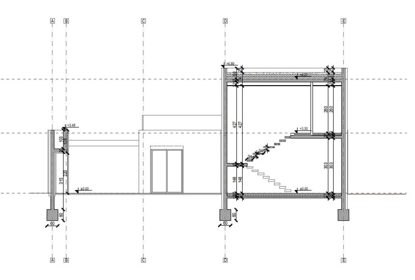 Architektonischer Schnitt durch das Gebäude zeigt die vertikale Anordnung der Räume.