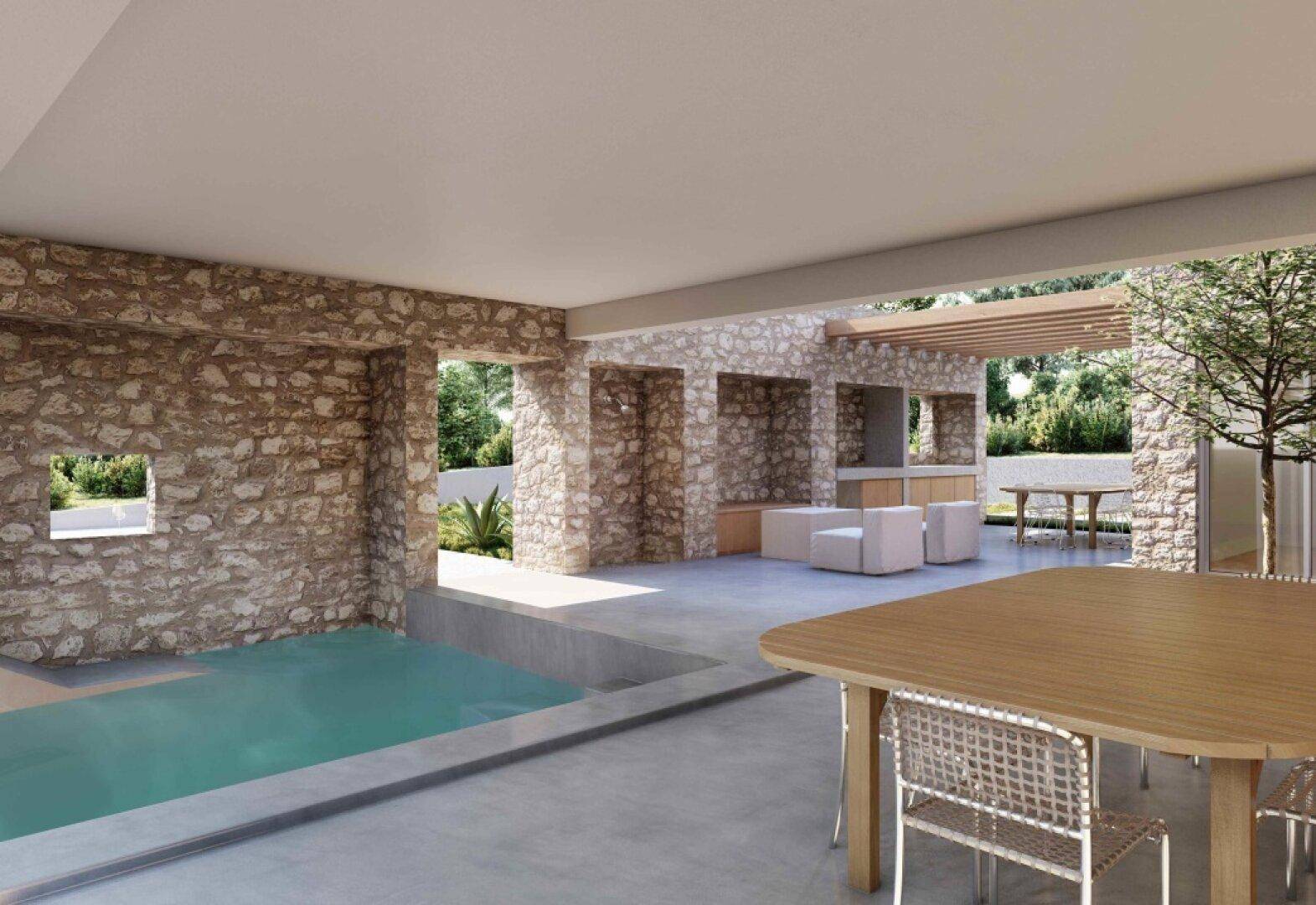 Überdachte Terrasse mit Essbereich und direktem Zugang zum privaten Pool.