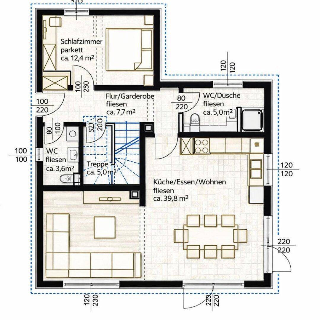 Grundriss des Erdgeschosses mit offenem Wohn-Ess-Küchenbereich, Schlafzimmer und Bad.
