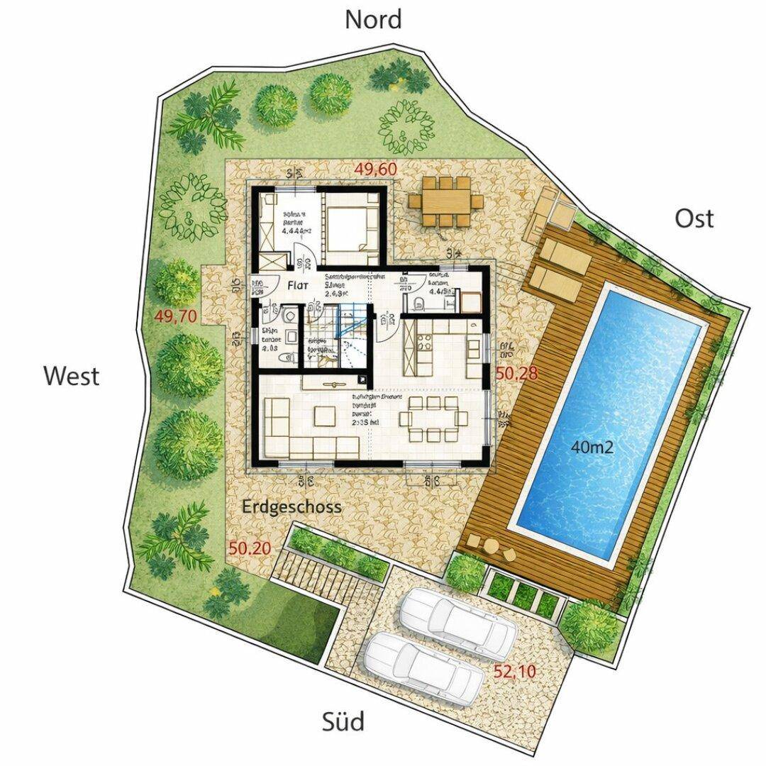 Gesamtübersicht des Grundstücks mit Haus, Pool, Garten und Parkplätzen.