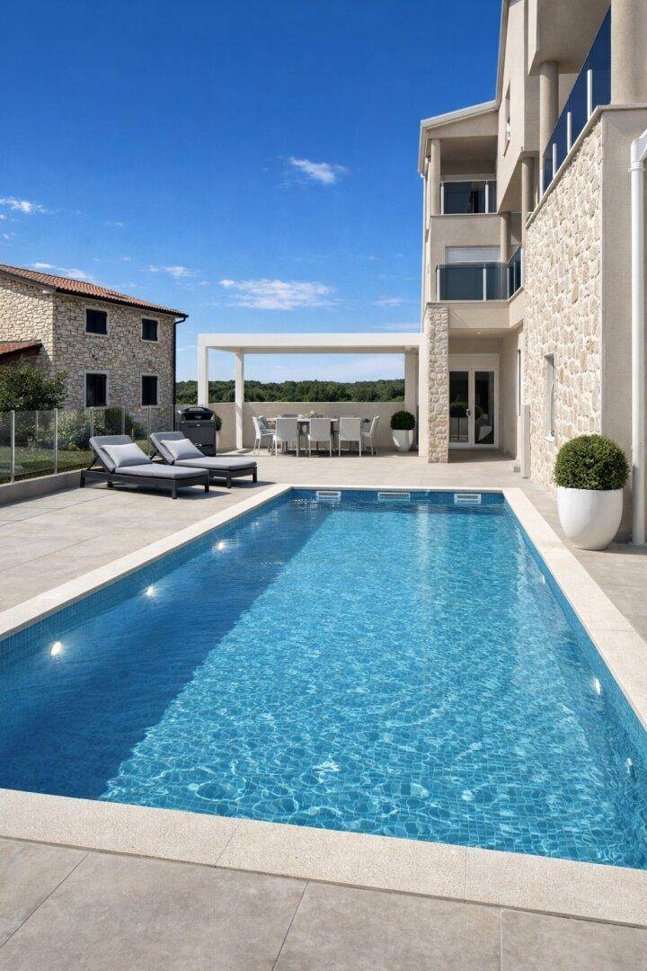 Großer Swimmingpool mit Sonnenliegen und überdachtem Essbereich im Freien unter blauem Himmel.