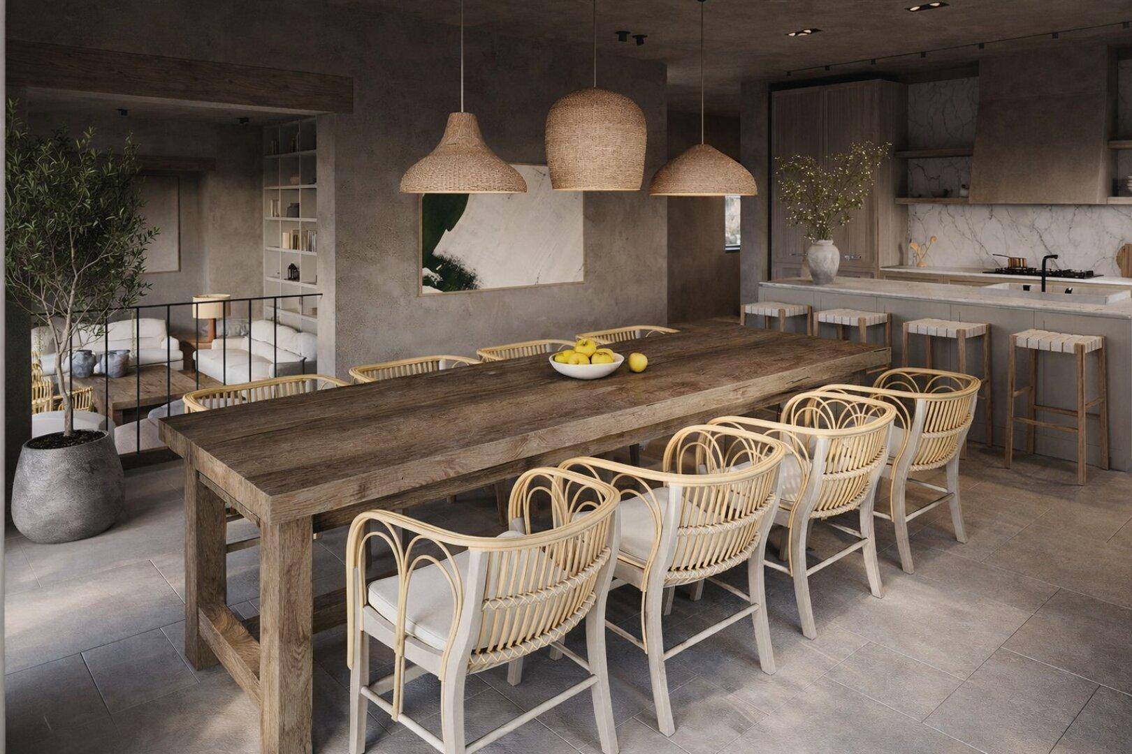 Geräumiger Essbereich mit Holztisch und Rattan-Stühlen, offen zur Küche und Wohnbereich.