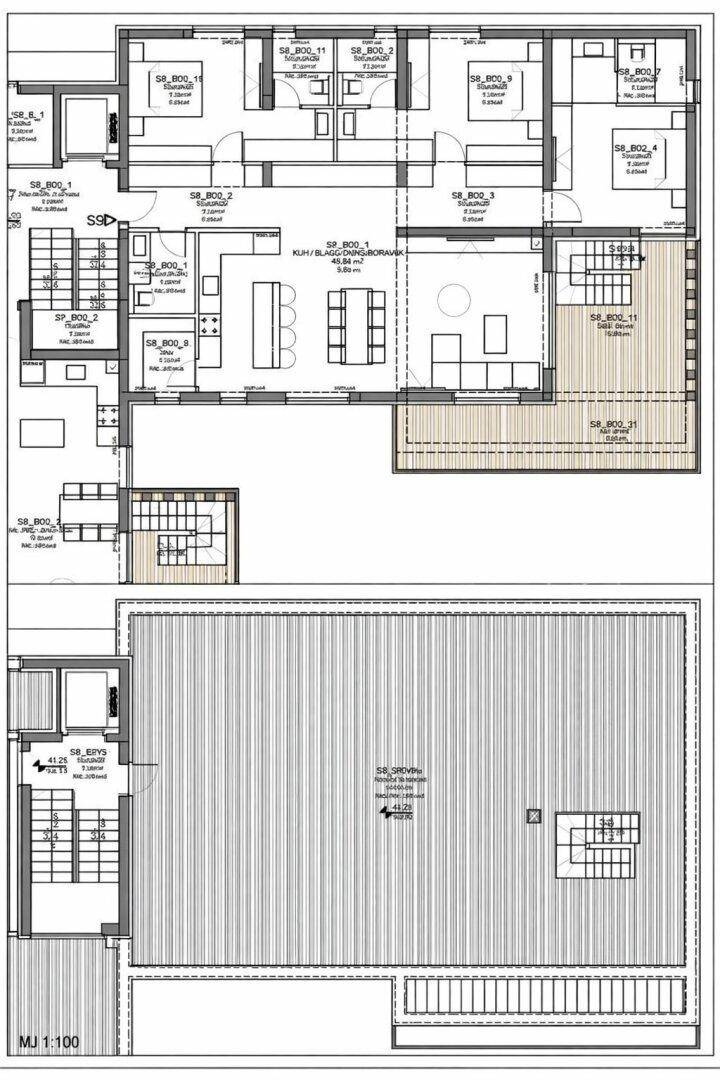 Detaillierter Grundriss mit mehreren Schlafzimmern und großzügigen Terrassenbereichen.