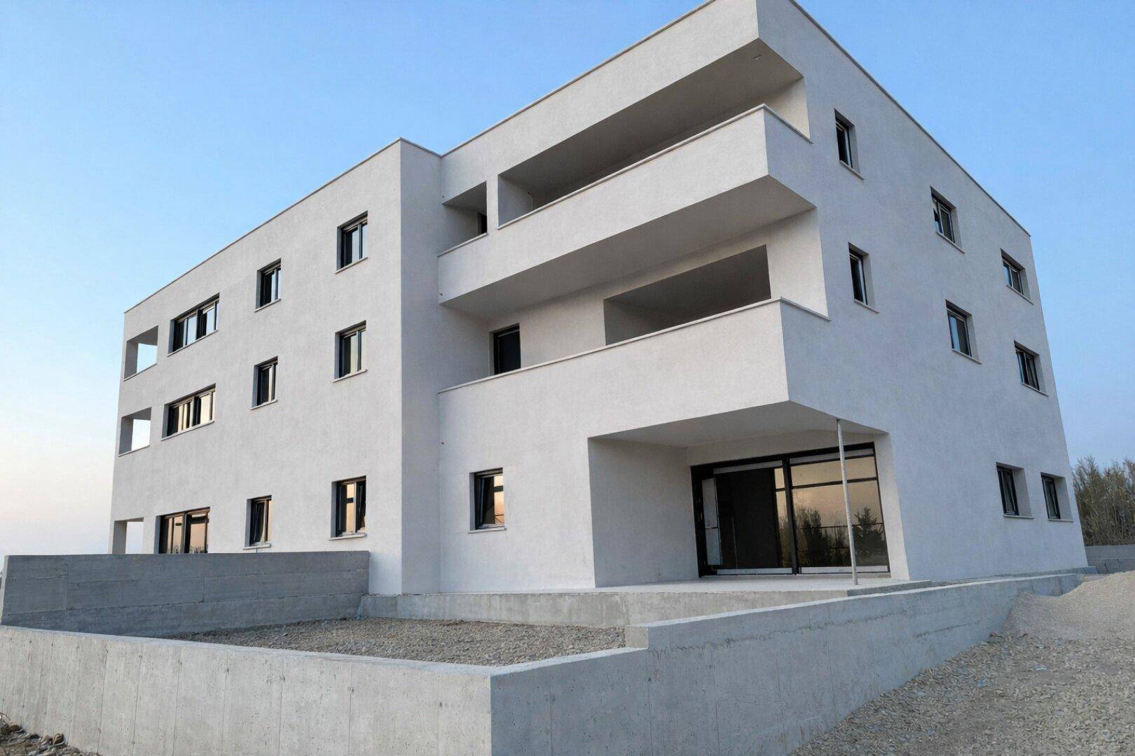 Moderne, weiß verputzte Fassade eines Neubaus mit klaren Linien und Balkonen.