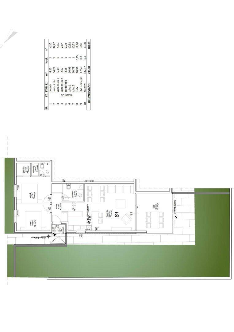Grundriss einer Wohneinheit mit zwei Schlafzimmern, offenem Wohnbereich und Terrasse.