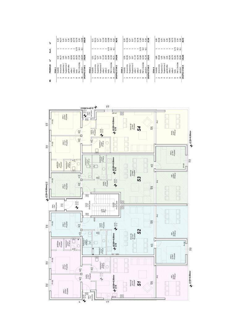 Farbiger Grundriss einer Etage mit mehreren Wohneinheiten und deren Raumaufteilung.