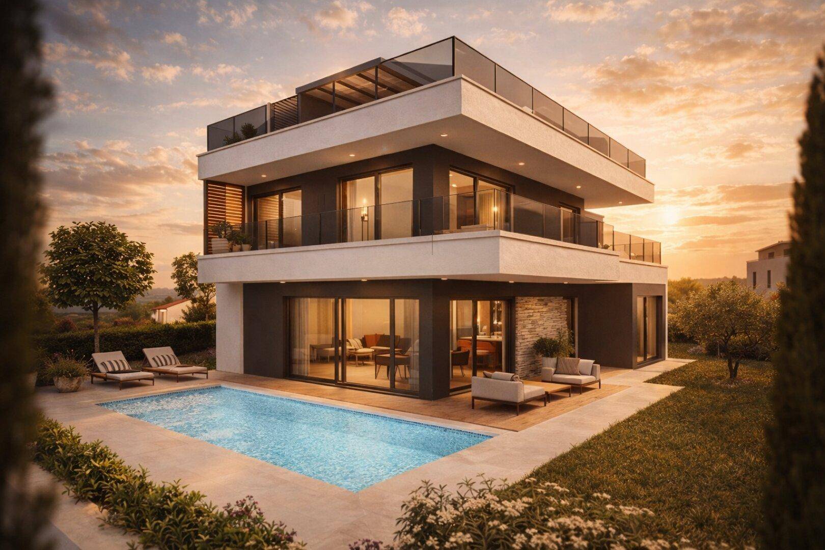 Elegante Villa mit privatem Pool, Liegestühlen und gemütlicher Außenterrasse im Abendlicht.