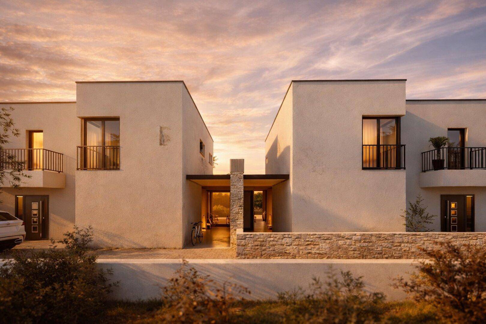 Elegante moderne Fassade einer Villa mit klaren Linien und Steinakzenten bei Sonnenuntergang.