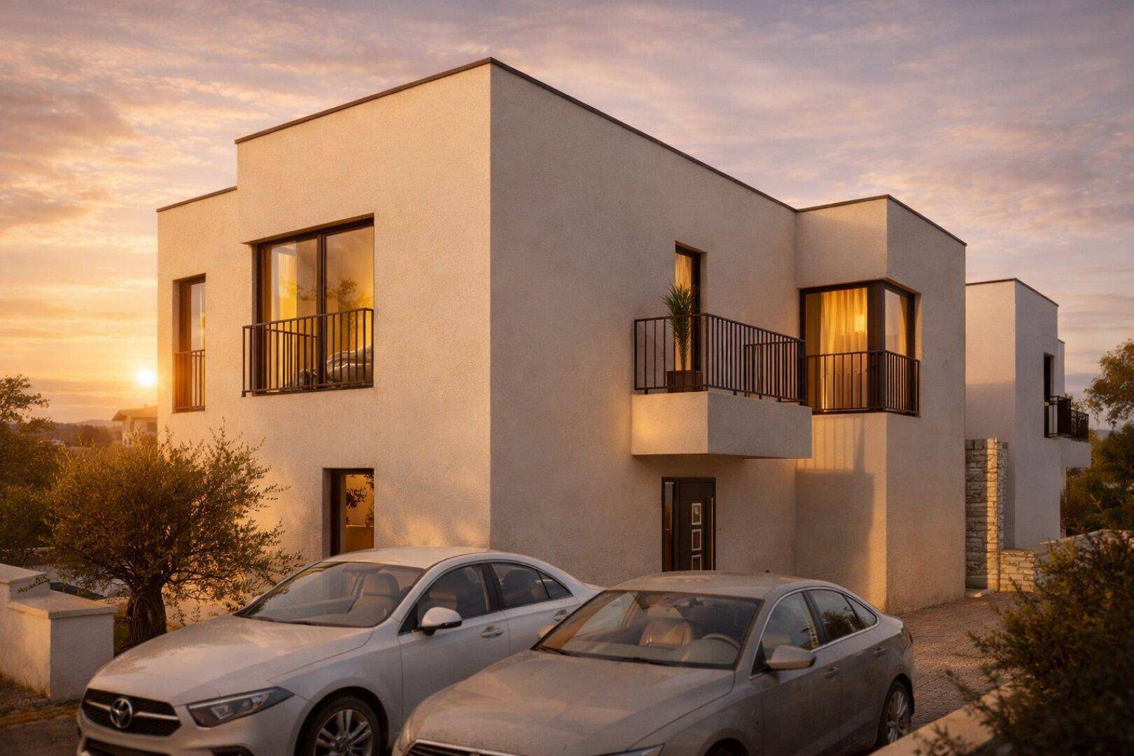 Moderne Villa mit minimalistischer Architektur, Balkonen und Parkplätzen vor dem Eingang bei Sonnenuntergang.