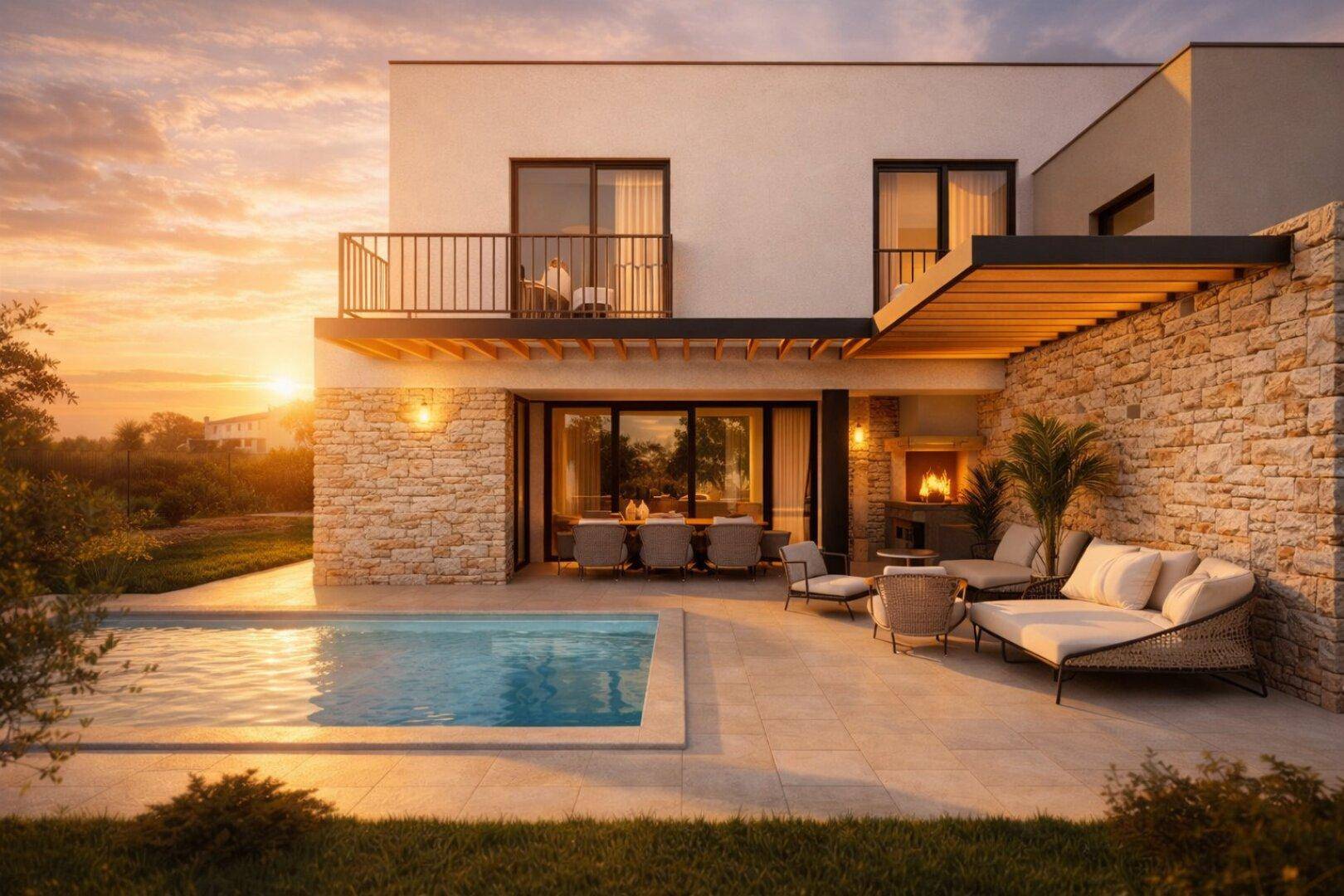 Sonniger Außenbereich einer modernen Villa mit Pool, Essbereich und Lounge-Möbeln bei Sonnenuntergang.
