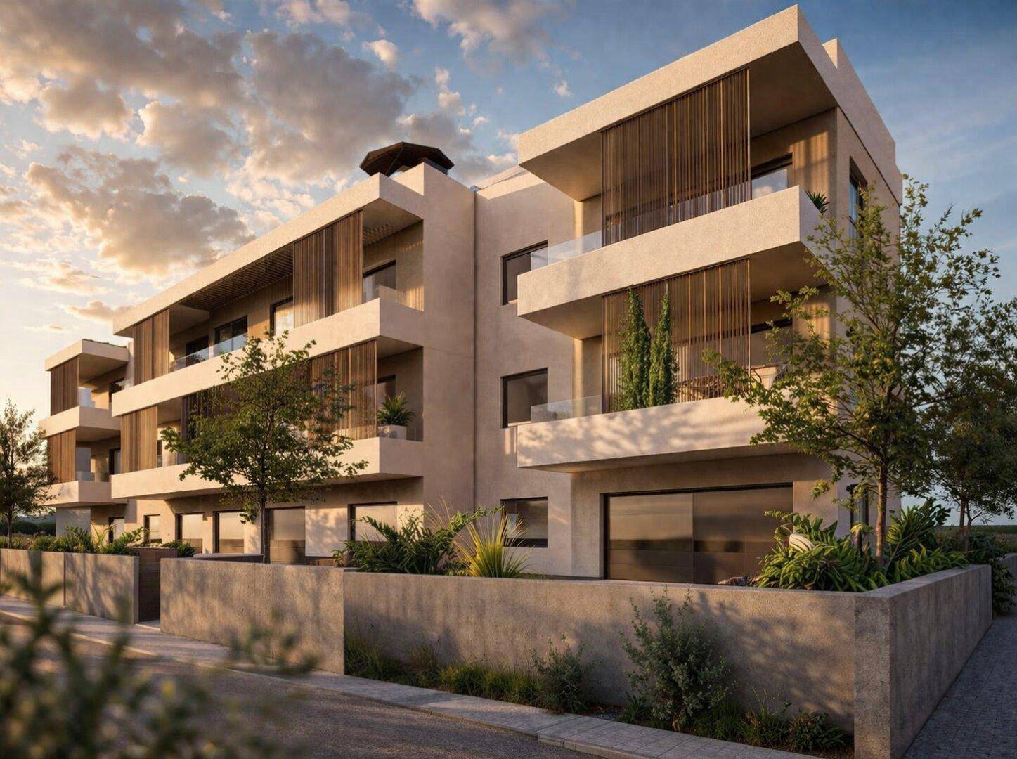 Modernes Apartmentgebäude mit Balkonen und dekorativen Holzlamellen an der Fassade.