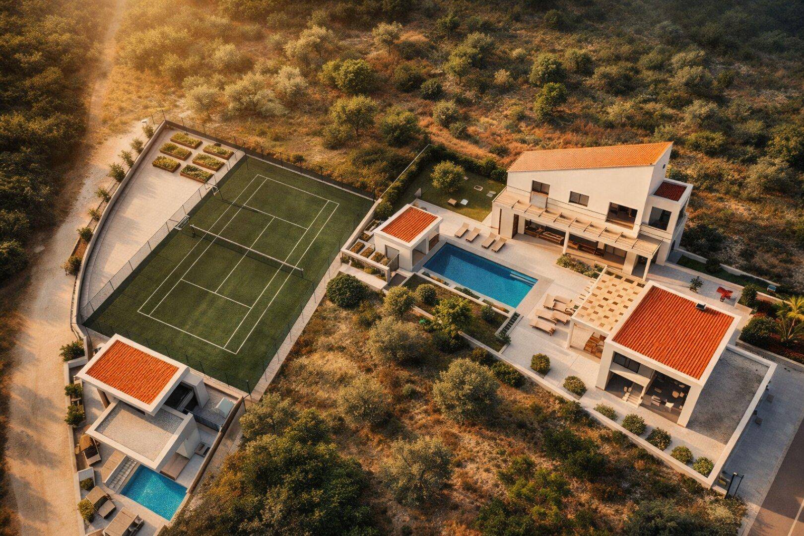 Luftaufnahme des weitläufigen Anwesens mit mehreren Gebäuden, Tennisplatz und Swimmingpools in grüner Umgebung.