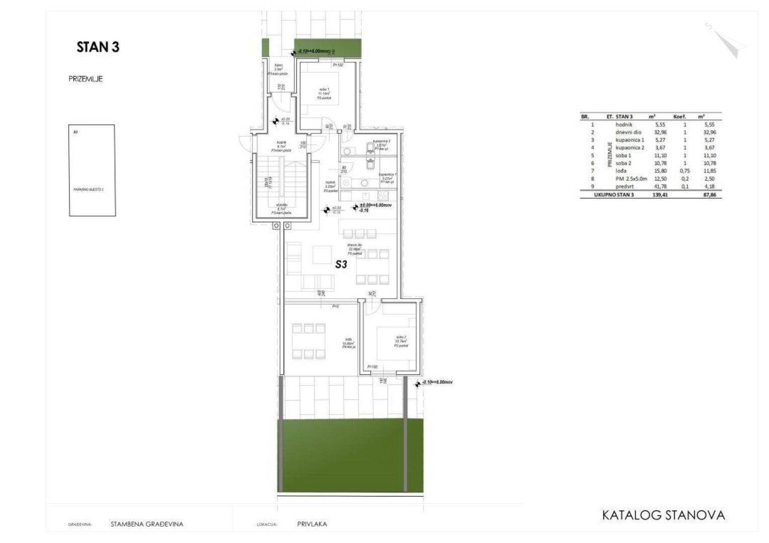 Grundriss von Wohnung 3 mit Gartenanteil, Balkon und offenem Wohnbereich.