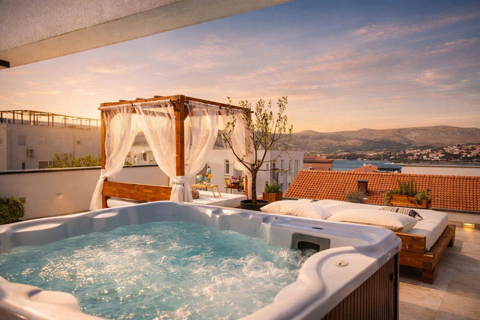 Luxuriöse Dachterrasse mit Whirlpool, Tagesbetten und Panoramablick auf das Meer und die Berge.