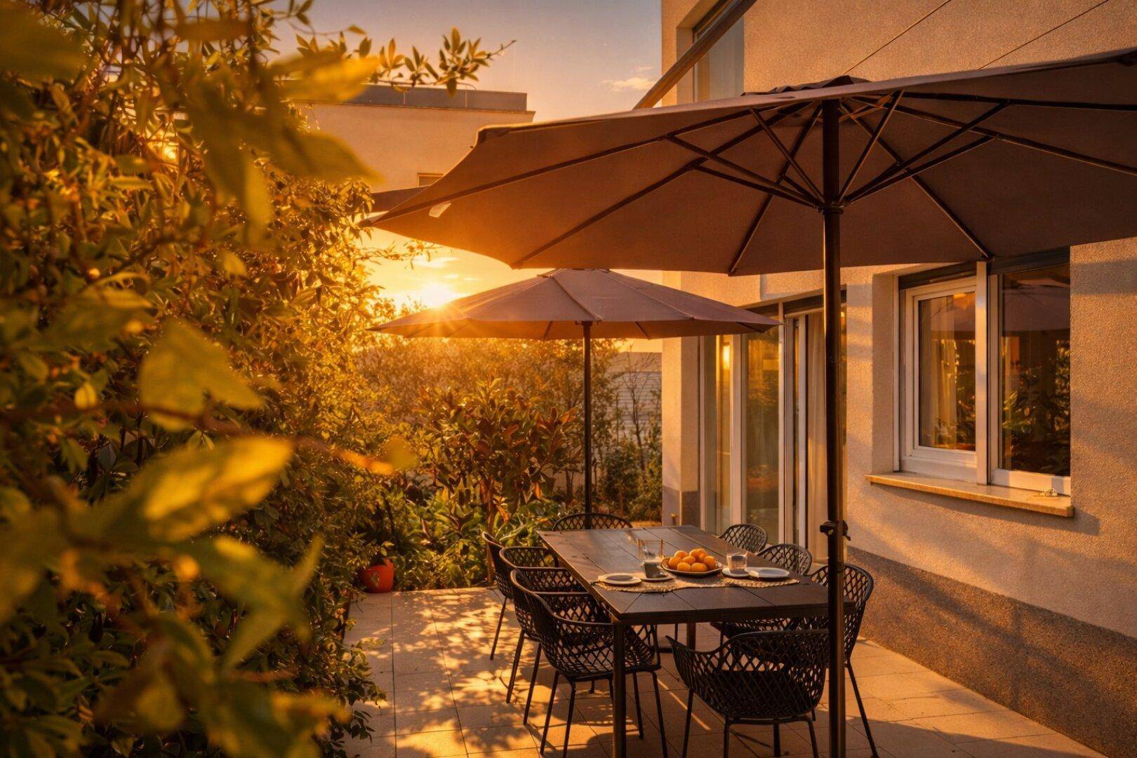 Gemütliche Außenterrasse mit Esstisch und Sonnenschirm, umgeben von üppigem Grün bei Sonnenuntergang.