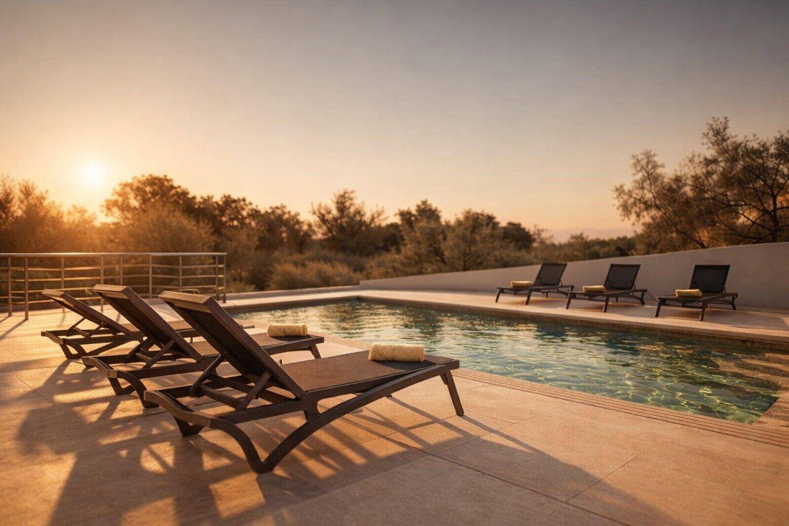 Poolbereich mit Liegestühlen und Blick auf die umliegende Natur bei Sonnenuntergang.