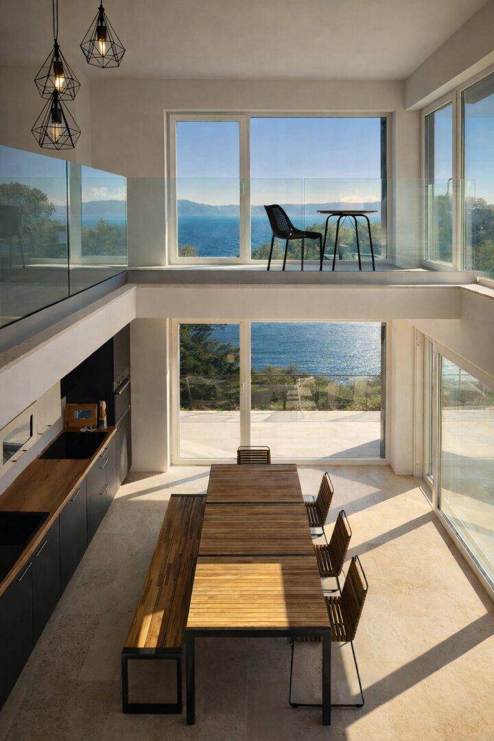 Moderne Küche mit Essbereich und doppelter Raumhöhe, bietet weiten Meerblick.