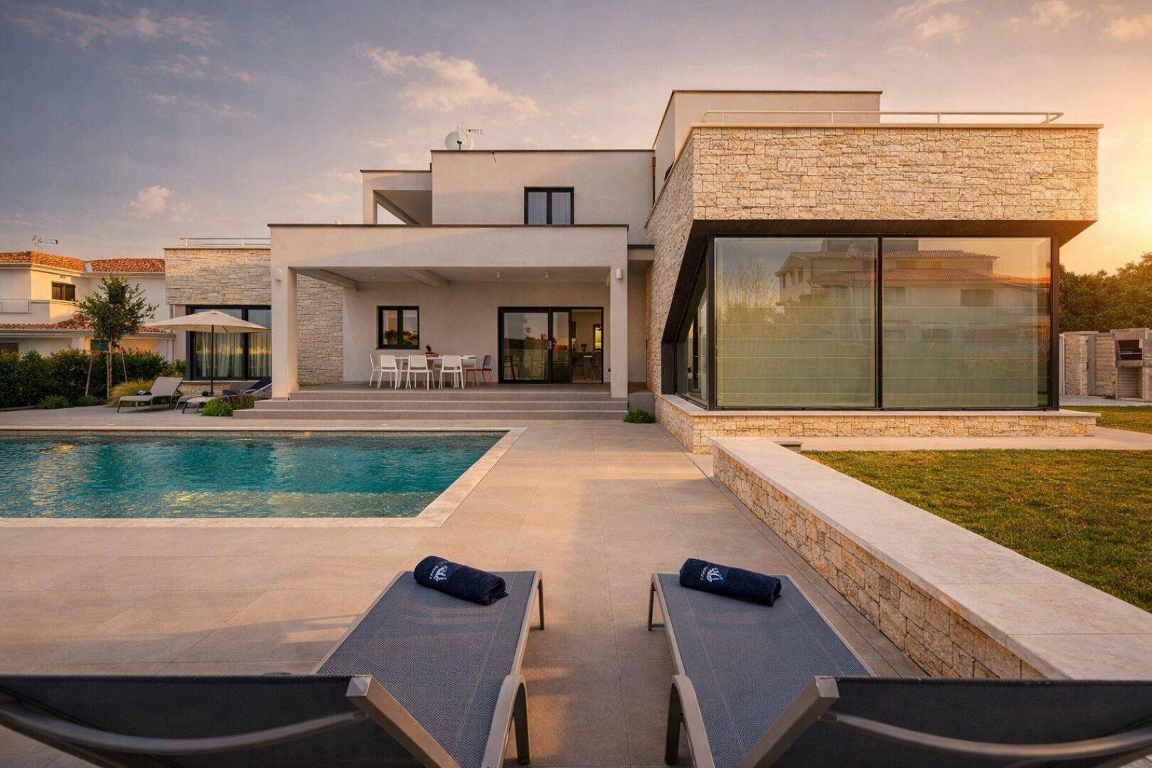 Elegante Villa bei Sonnenuntergang mit großem Pool, Liegestühlen und moderner Architektur.