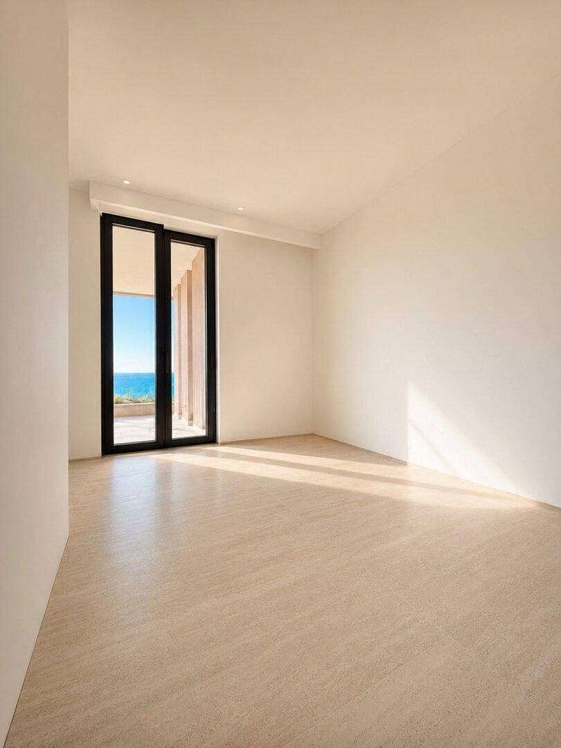 Heller Raum mit Zugang zu einem Balkon und Blick auf das Meer, ideal als Schlafzimmer.