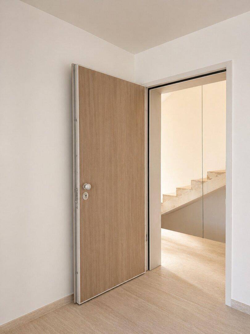 Eingangsbereich mit moderner Holztür und Blick auf eine Treppe, die in ein anderes Stockwerk führt.