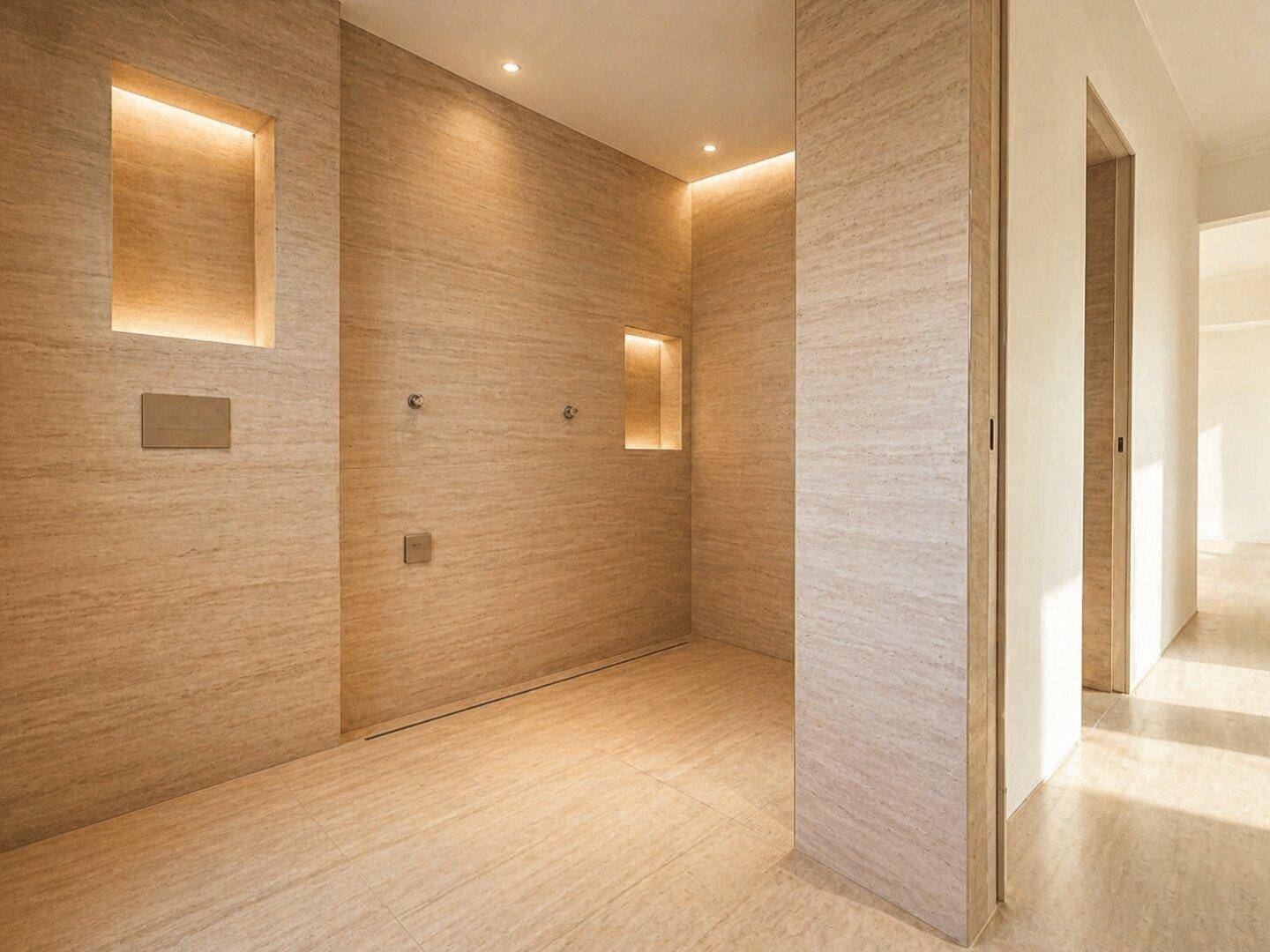 Modernes Badezimmer mit begehbarer Dusche, Fliesenwänden und indirekter Beleuchtung.