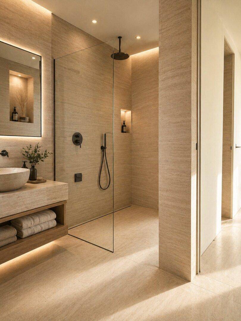 Elegantes Badezimmer mit begehbarer Dusche, modernen Armaturen und indirekter Beleuchtung.