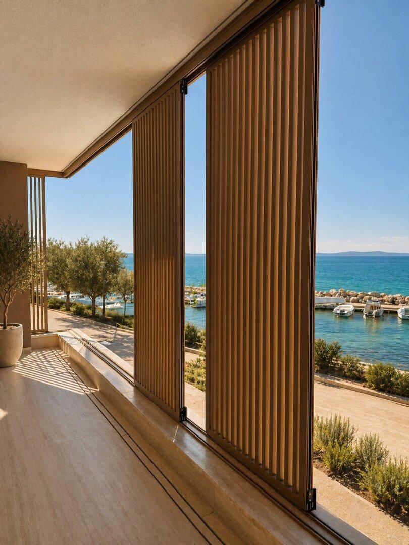 Blick von der Loggia auf das azurblaue Meer mit Booten und eleganten vertikalen Holzlamellen als Sichtschutz.