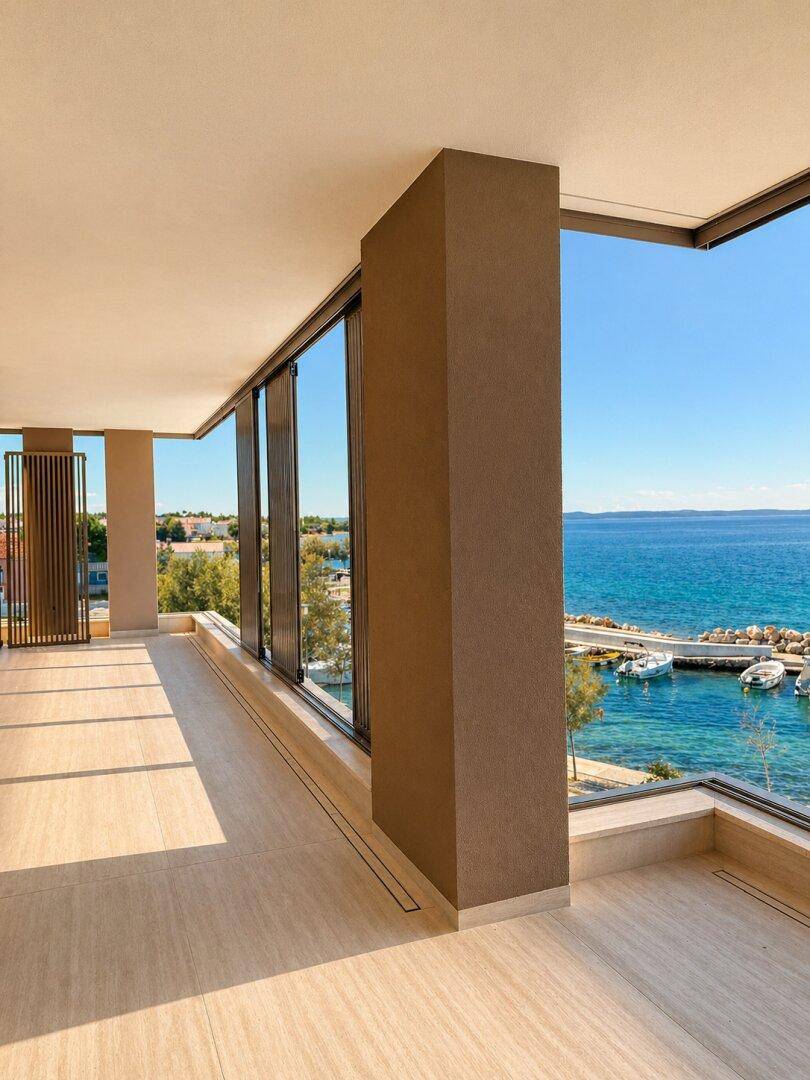Panoramablick auf das offene Meer von der Eckloggia, die viel Sonnenlicht und eine weite Aussicht bietet.
