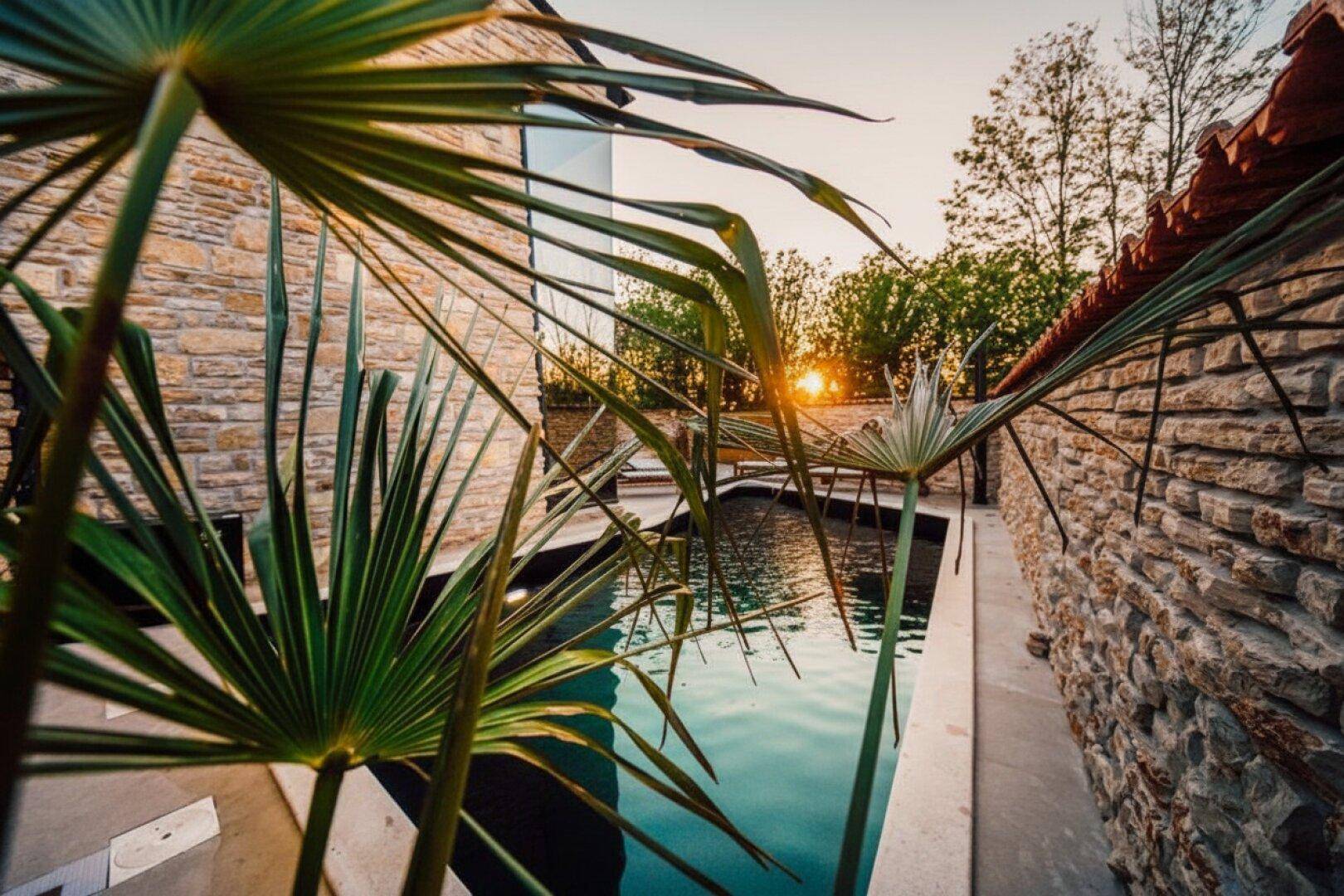 Palmenblätter im Vordergrund mit Blick auf den Pool und die Steinfassade des Hauses bei Sonnenuntergang.