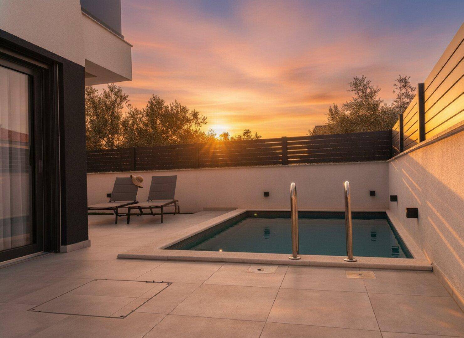 Privater Poolbereich mit Sonnenliegen und Blick auf den Sonnenuntergang.