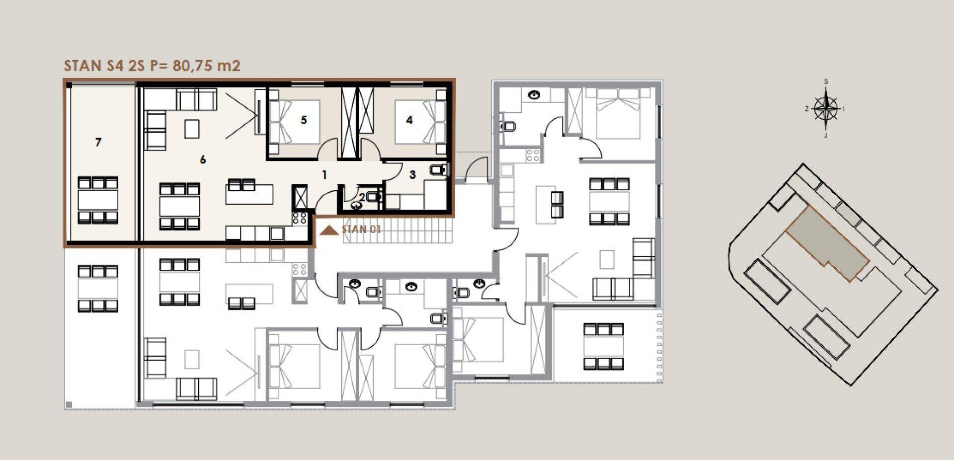 Grundrissplan einer Wohnung mit zwei Schlafzimmern und offenem Wohnbereich.