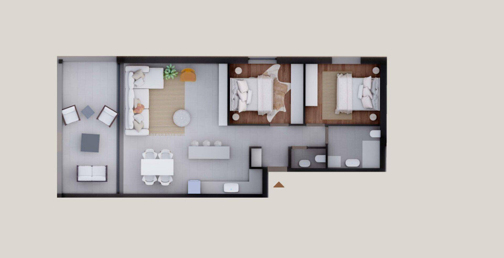 Möblierter Grundriss einer modernen Wohnung mit offener Küche und Terrasse.