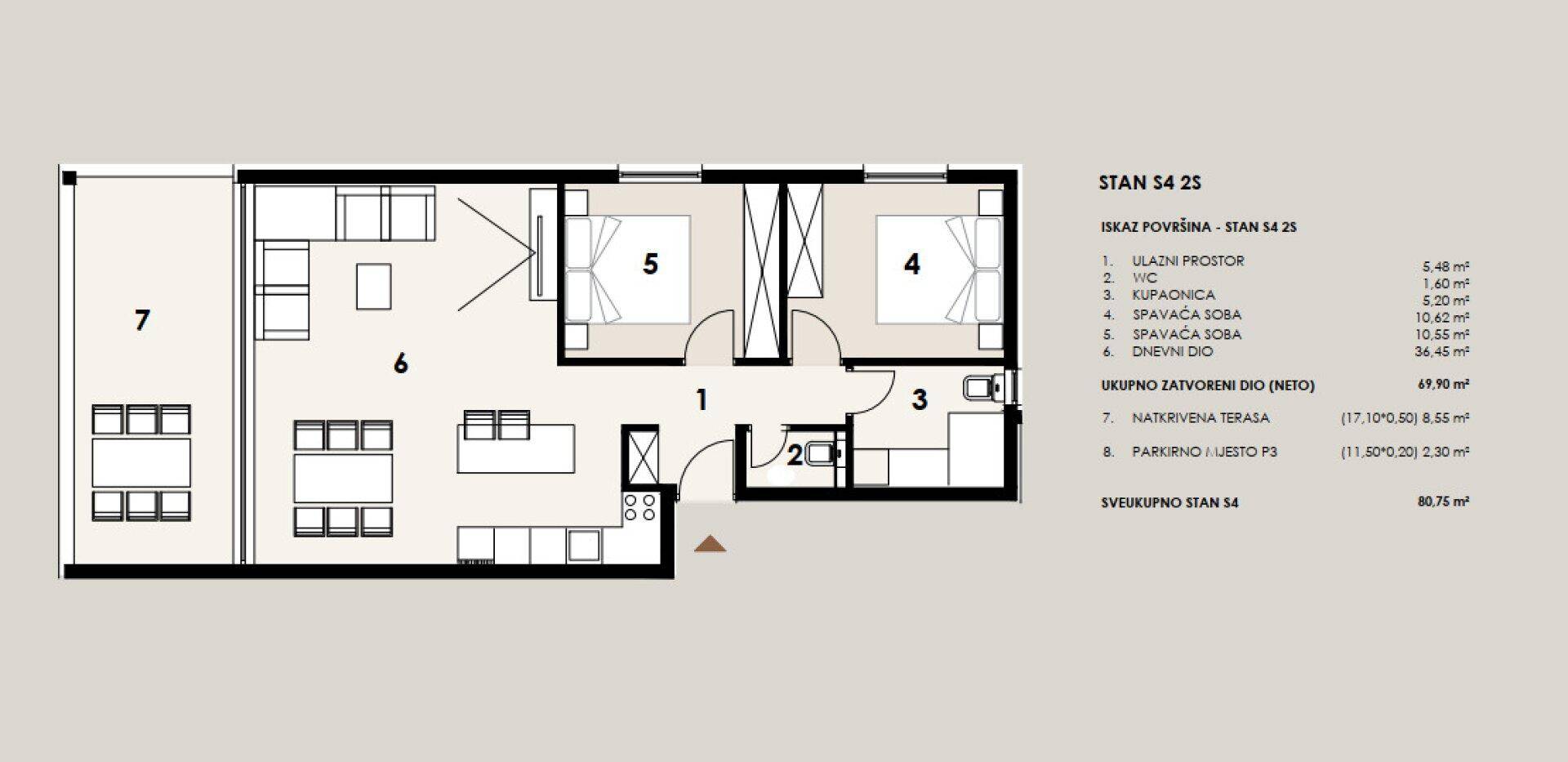 Detaillierter Grundrissplan einer Wohnung mit Flächenangaben und Raumaufteilung.