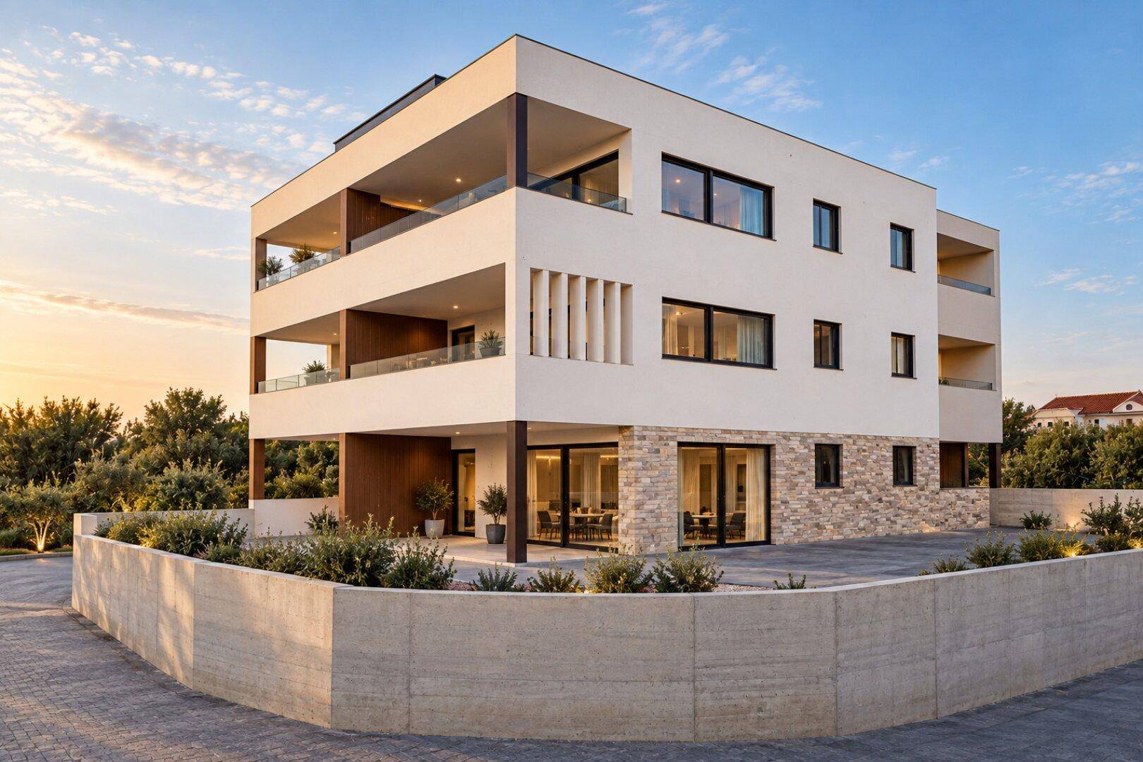 Modernes Wohngebäude mit Balkonen, Steinverkleidung und gepflegter Außenanlage bei Sonnenuntergang.
