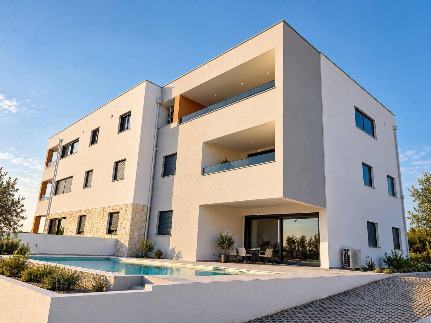 Modernes Apartmentgebäude mit Außenpool und Terrasse unter blauem Himmel.