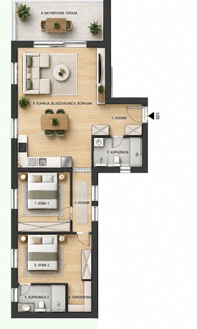 Detaillierter Grundriss einer Wohnung mit zwei Schlafzimmern, offenem Wohnbereich und Terrasse.