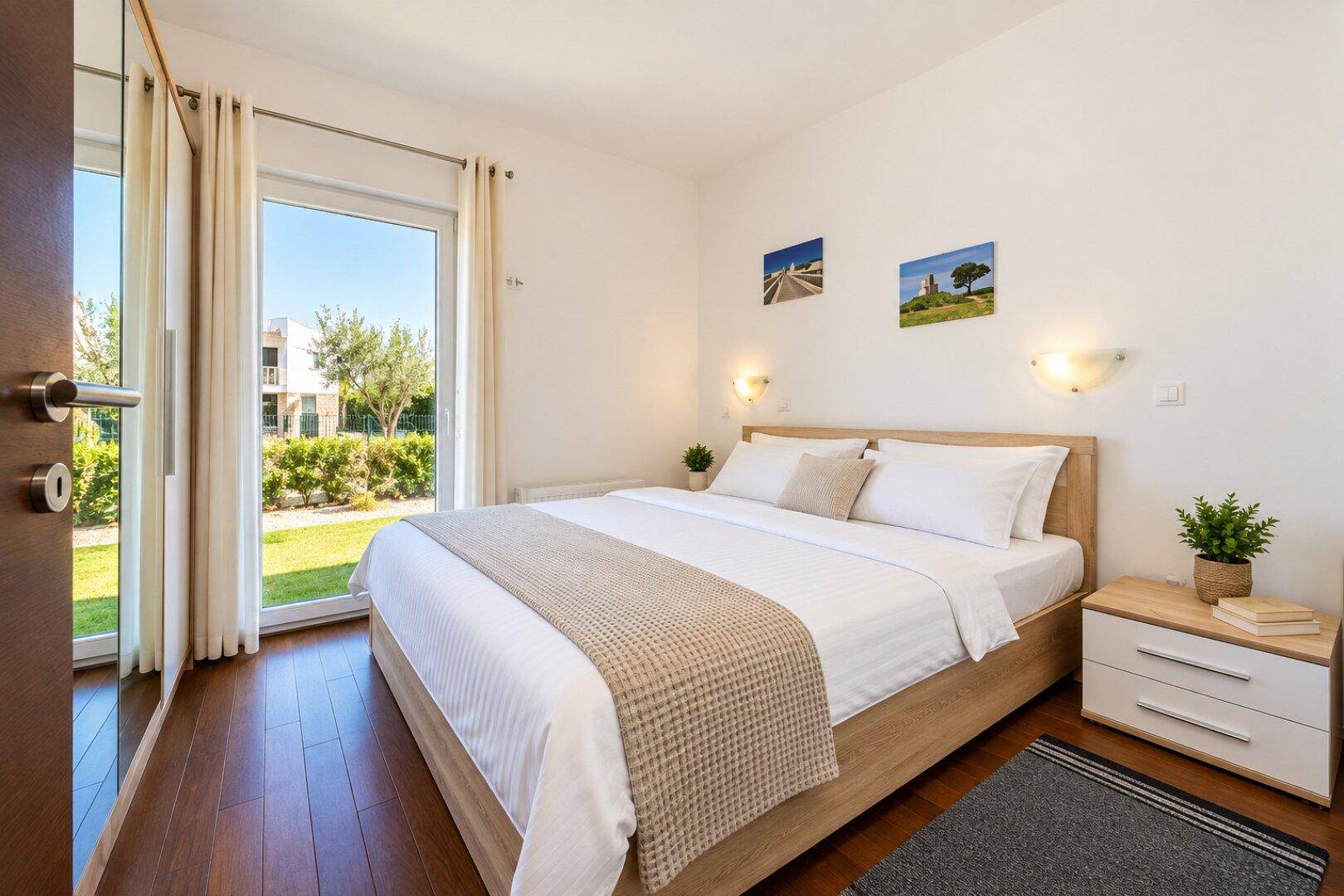 Helles Schlafzimmer mit Holzbett, dunklem Holzboden und direktem Zugang zum Garten.
