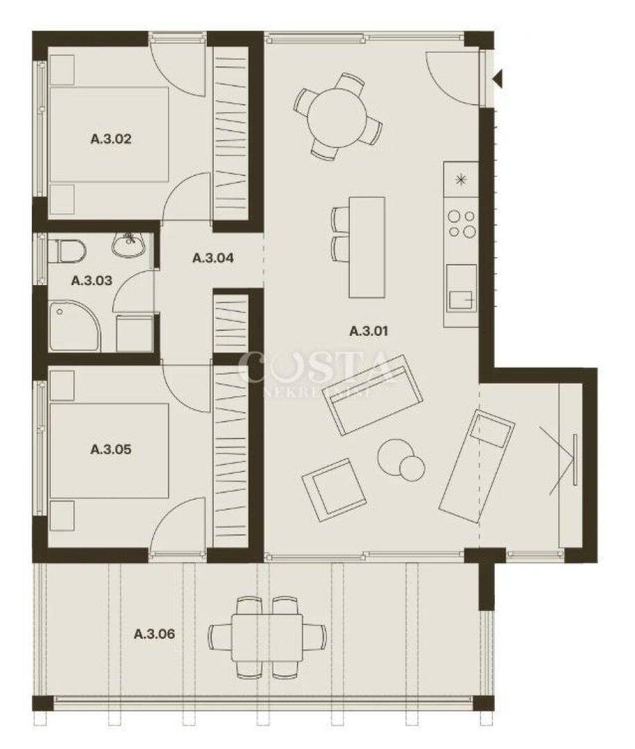 Grundriss einer Wohnung mit zwei Schlafzimmern, offenem Wohnbereich und großer Terrasse.