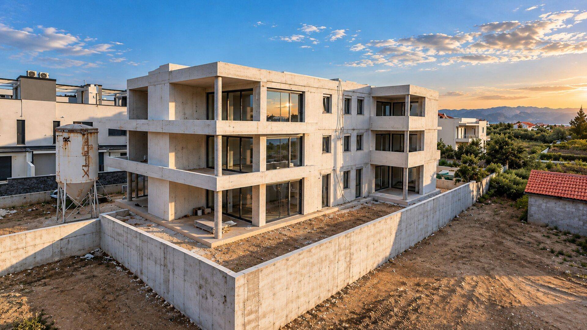 Rohbau eines modernen Gebäudes mit großen Fensteröffnungen bei Sonnenuntergang und Blick auf die Umgebung.