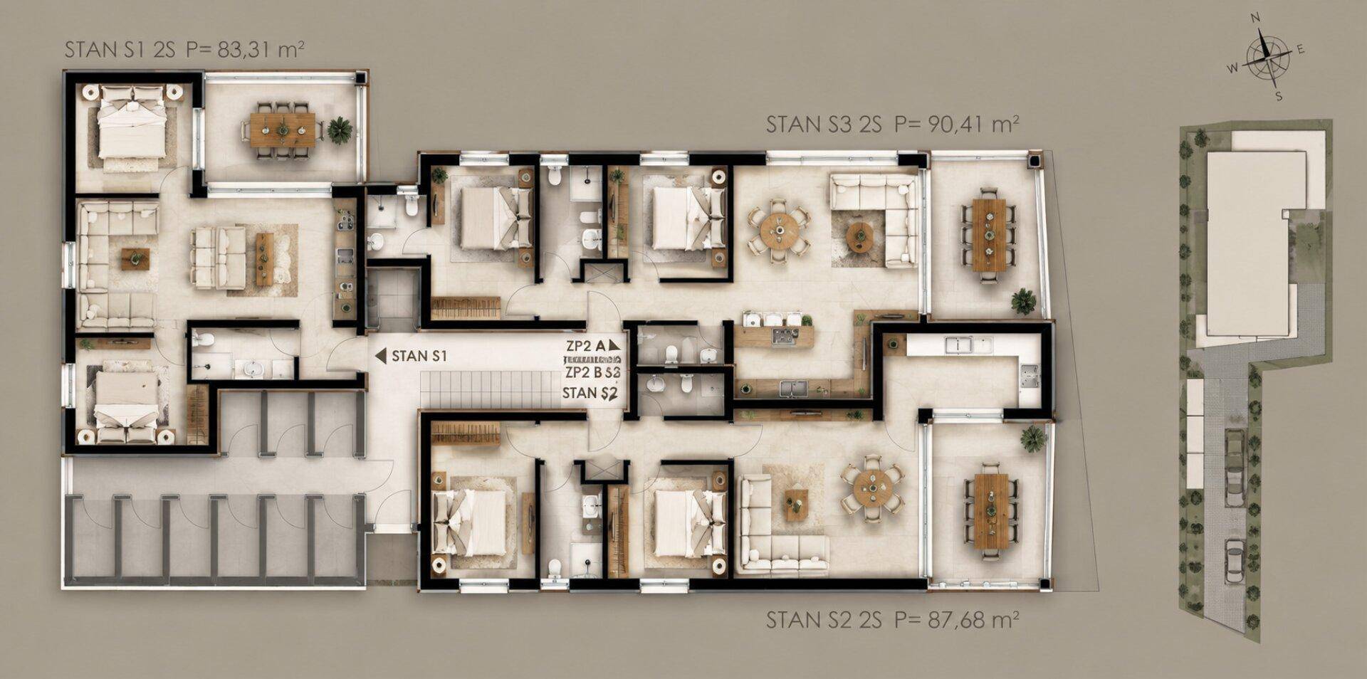 Übersichtsgrundriss mehrerer Wohneinheiten mit unterschiedlichen Layouts und Größen auf einer Etage.