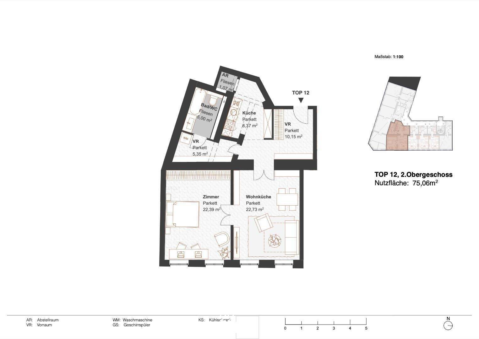 Grundriss der Wohnung TOP 12 im 2. Obergeschoss mit 75,06m² Nutzfläche.