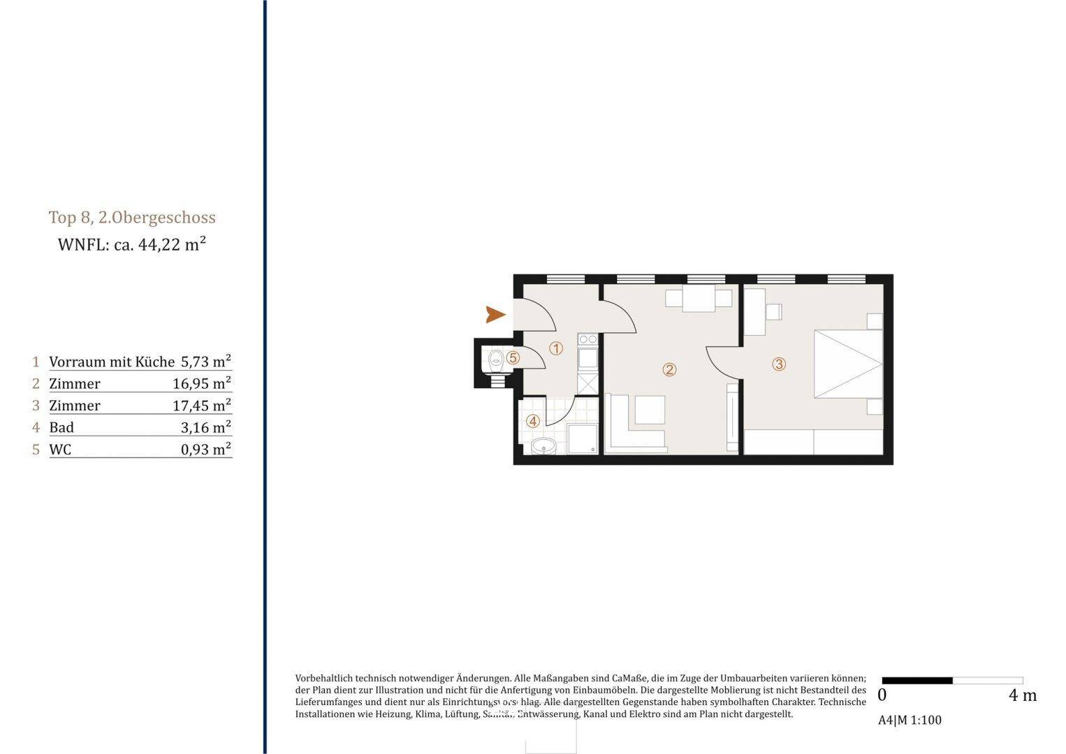 Grundriss der Wohnung Top 8 im 2. Obergeschoss mit einer Wohnfläche von 44,22 m².
